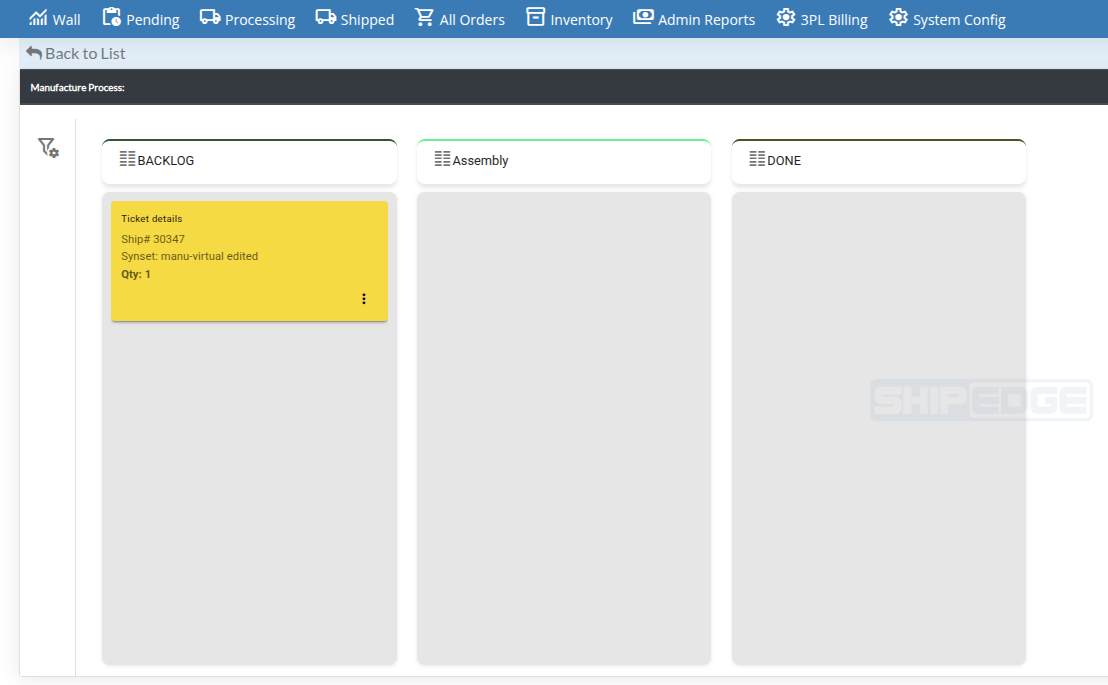 Kanban board in WMS showing manufacturing columns mapped from OMS template statuses