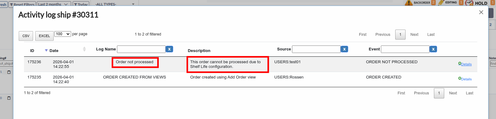Order not processed activity log